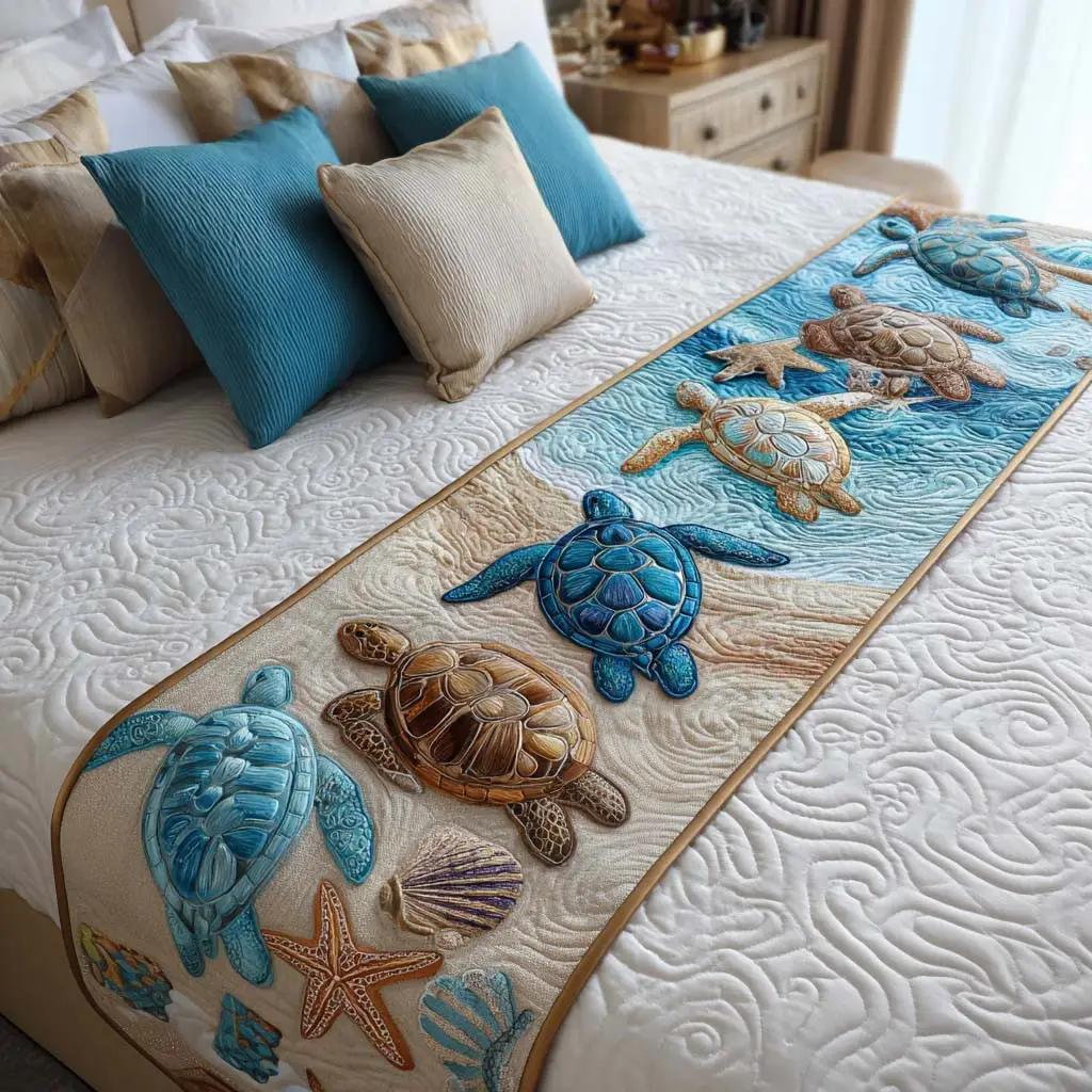 Sea Turtle Bliss Quilted Bed Runner Turtle Bliss Artwork Gift for Ocean Lovers