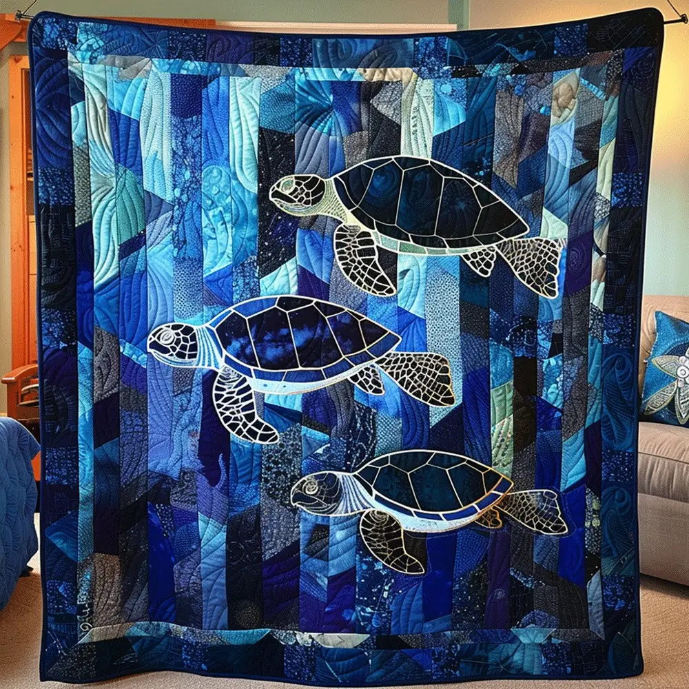 Sea Turtle Ocean Adventure Quilted Blanket Deep Sea Mosaic Throw Best Gift For Turtle Lover Marine Fan