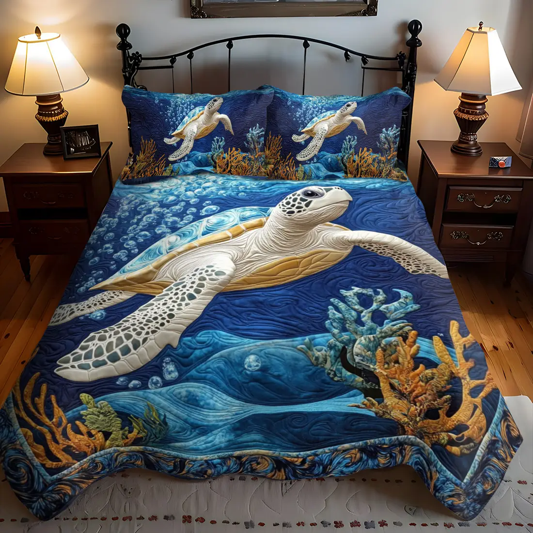 Sea Turtle Quilted Bedding Set Ocean Theme Blue Duvet Cover Father's Day Gifts For Husband