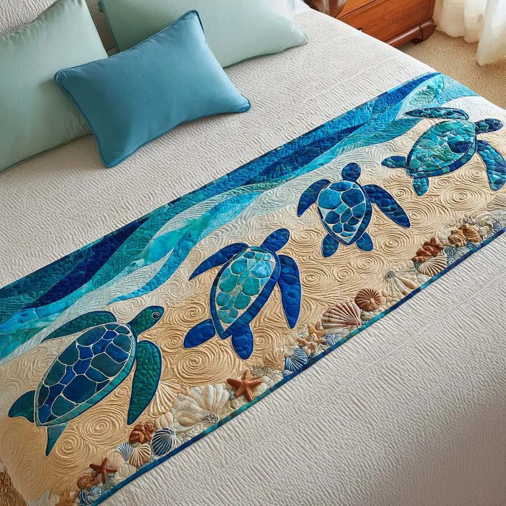 Sea Turtles Quilted Bed Runner Sea Turtle Movement Perfect Coastal Gift