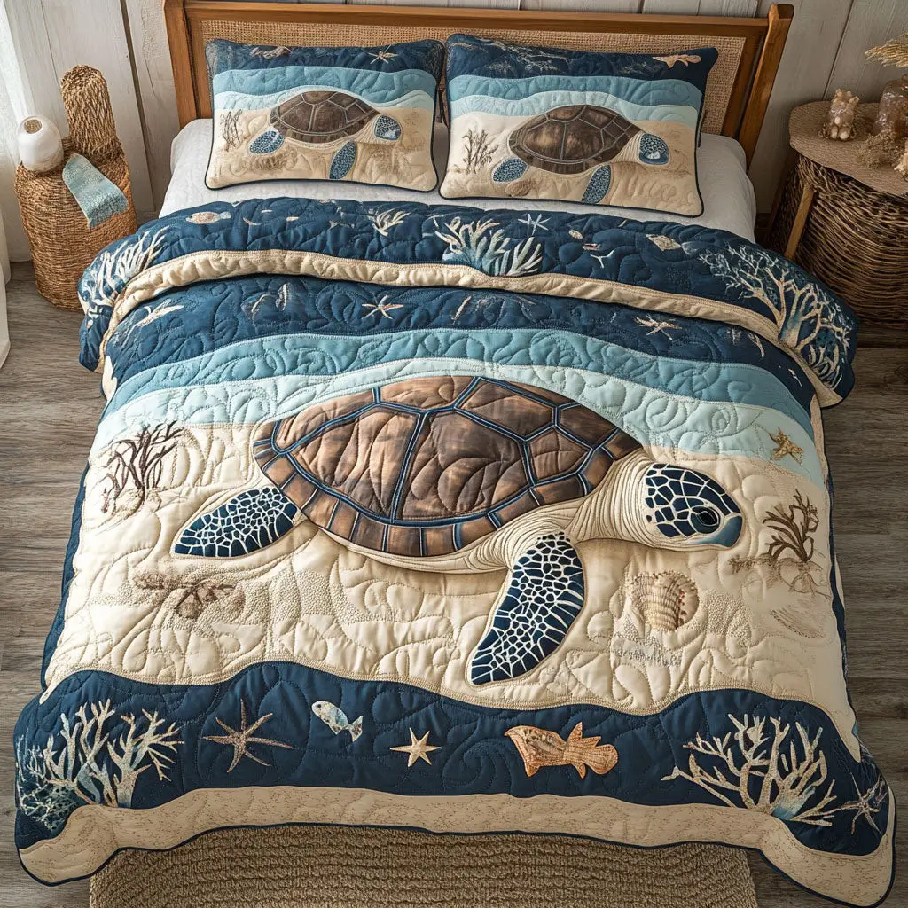 Sea Turtule Quilted Bedding Set Duvet Cover Bedspread  Bedroom Decor For Couples