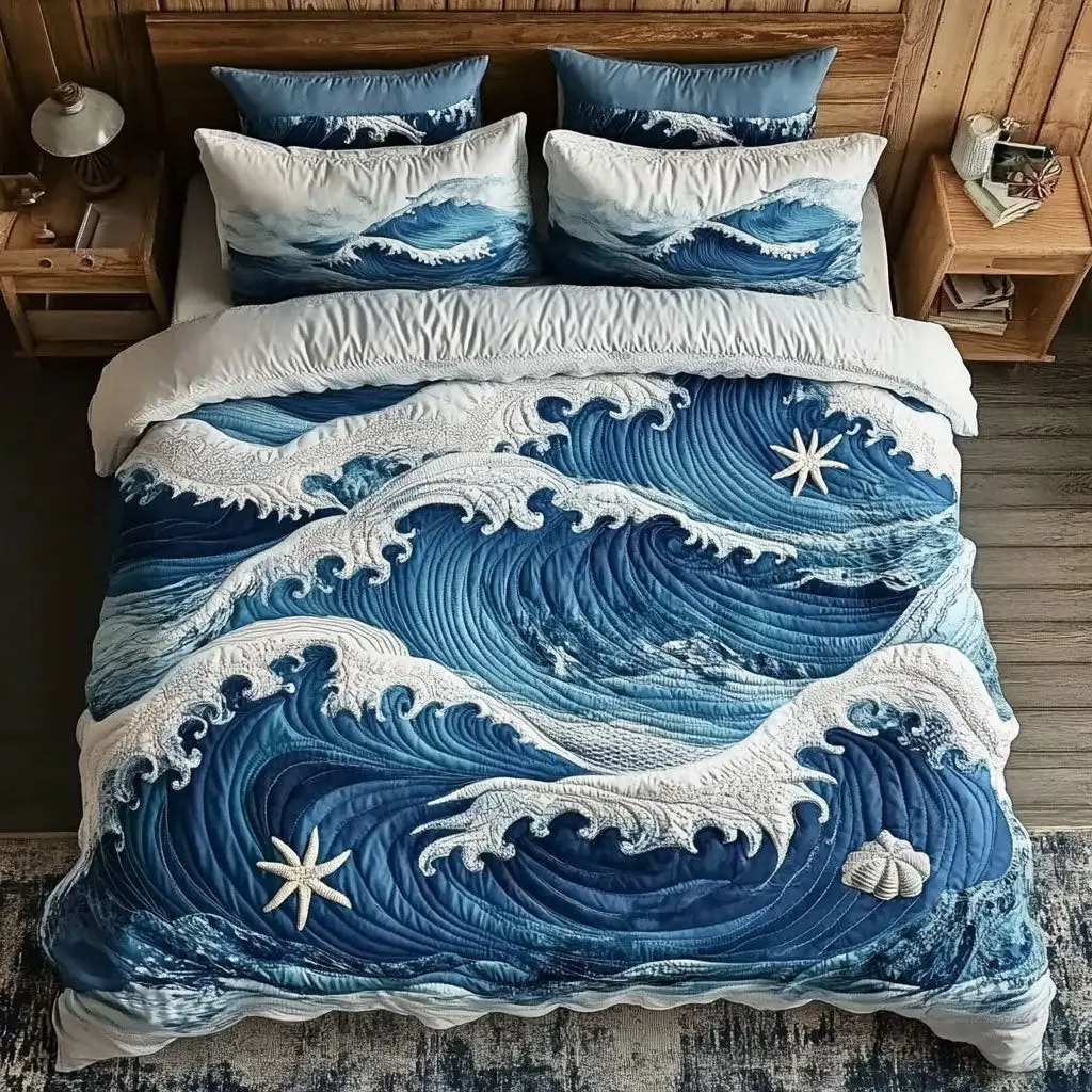 Sea Wave Quilted Bedding Set Duvet Cover Bedspread Bedroom Decor Gifts For Husband Sea Wave Quilted Bedding Set Duvet Cover Bedspread Bedroom Decor Gifts For Husband - Image 1