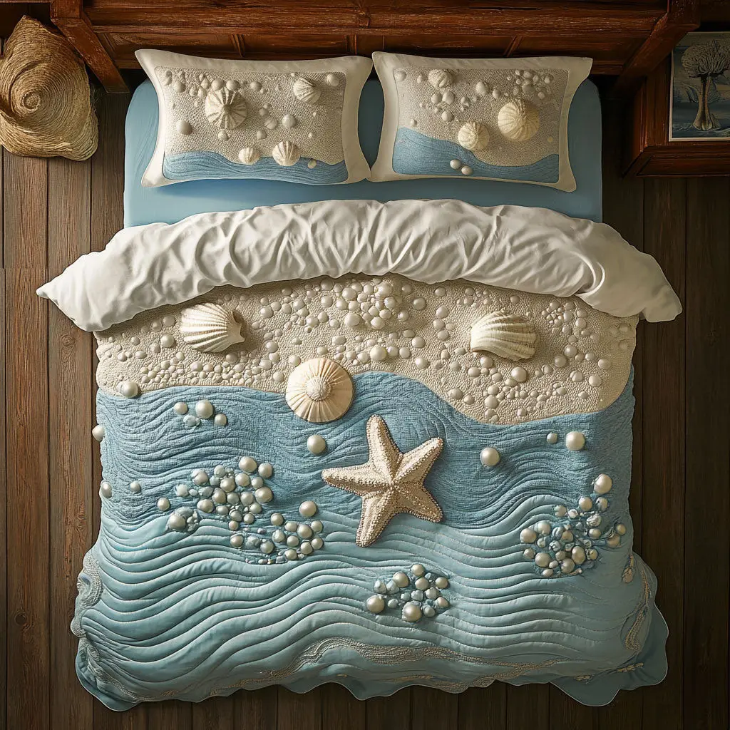 Seabreeze Pearl Quilted Bedding Set Duvet Cover Bedspread Bedroom Decor Gift Ideas