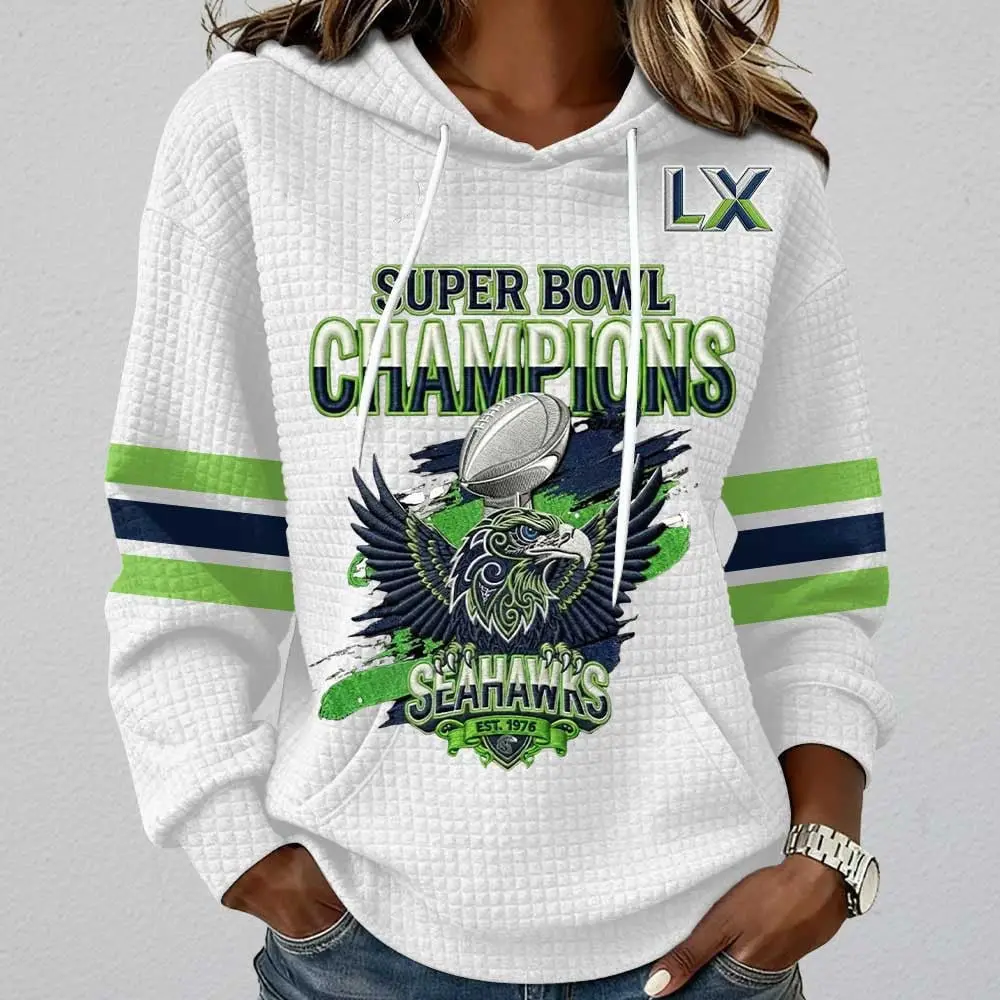 Seahawks Champions 2026 Hoodie Waffle Womens Seahawks Super Bowl Apparel Gift Ideas