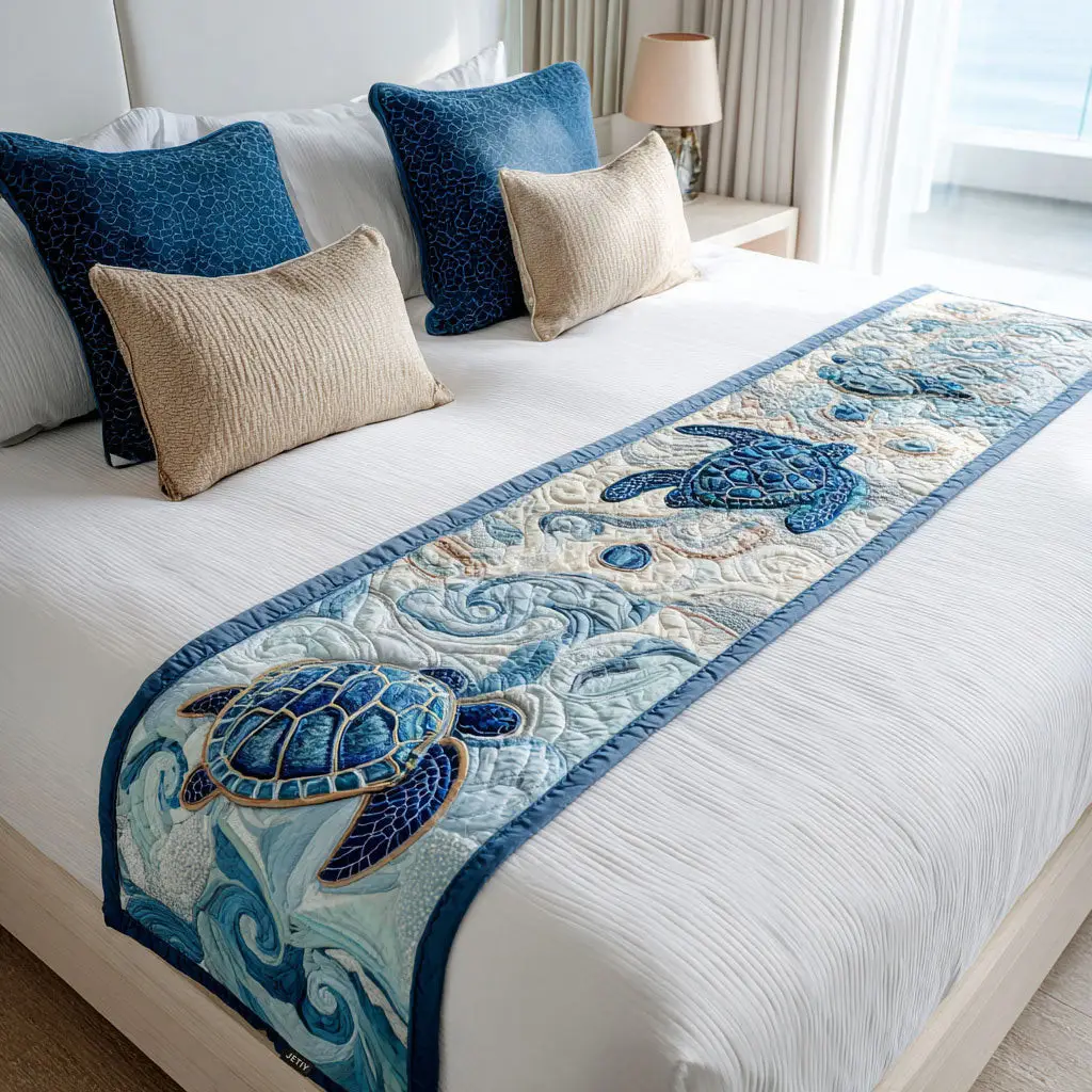 Seashell Journey Quilted Bed Runner Coastal Bedroom Look Gift for Sister