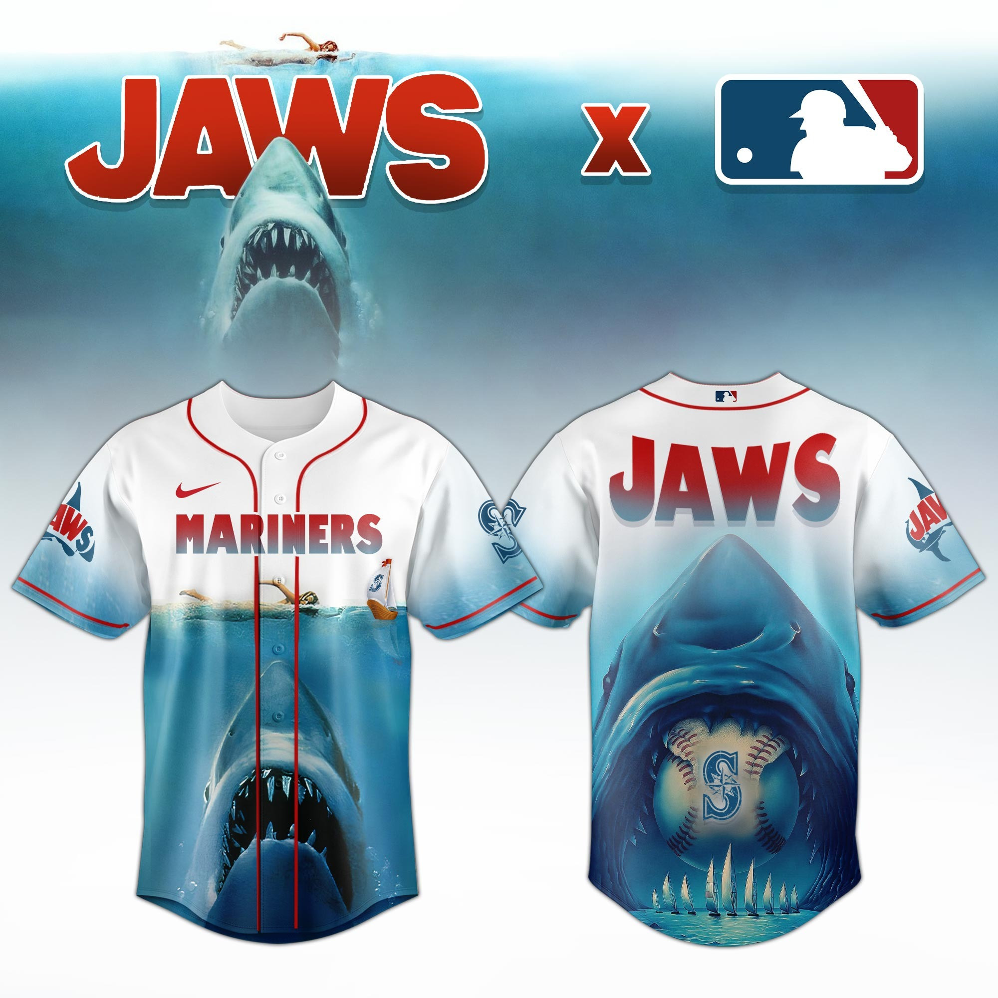 Seattle Mariners x JAWS Jersey MLB Merch Baseball Lovers Movie Theme Gifts For Jaws Fans