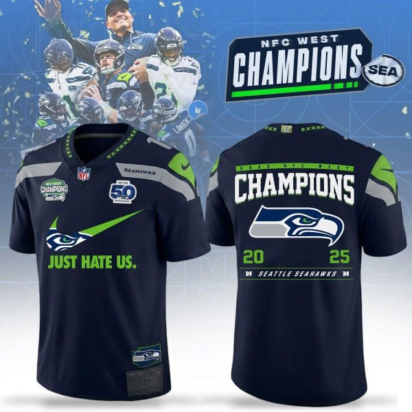 Seattle Seahawks 2025 Jersey V-Neck NFC West Champions Just Hate Us Football Merch