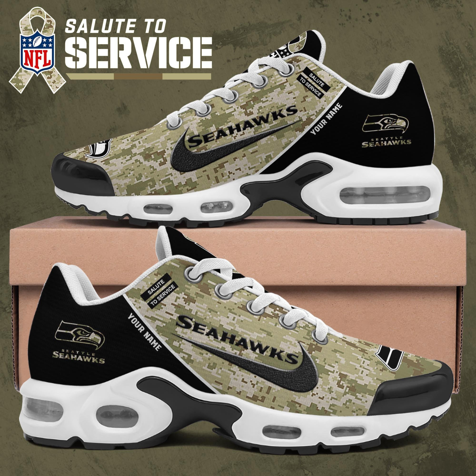 Seattle Seahawks Shoes 2026 Version Custom Name, Camouflage Shoes Ph586
