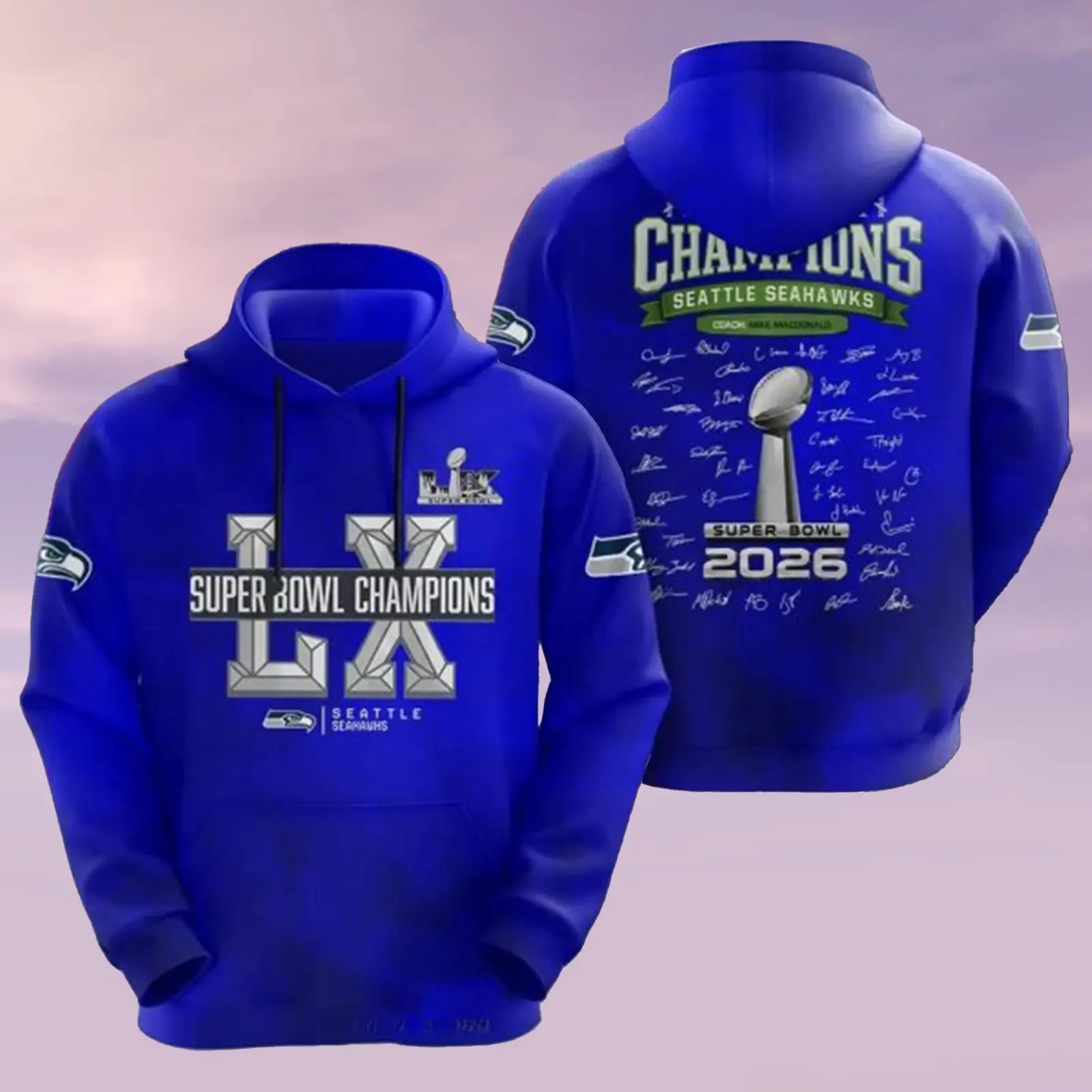 Seattle Seahawks Super Bowl Champs 2026 Hoodie Signatures Teams And Coach Mike Merch Gift For Football Lovers