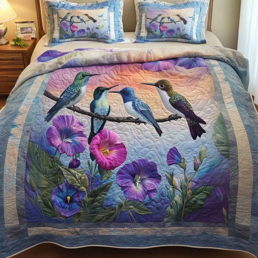 Serenade in Petals Quilted Bedding Set Bed Room Decoration Hummingbird Themed Gift Items Serenade in Petals Quilted Bedding Set Bed Room Decoration Hummingbird Themed Gift Items - Image 1