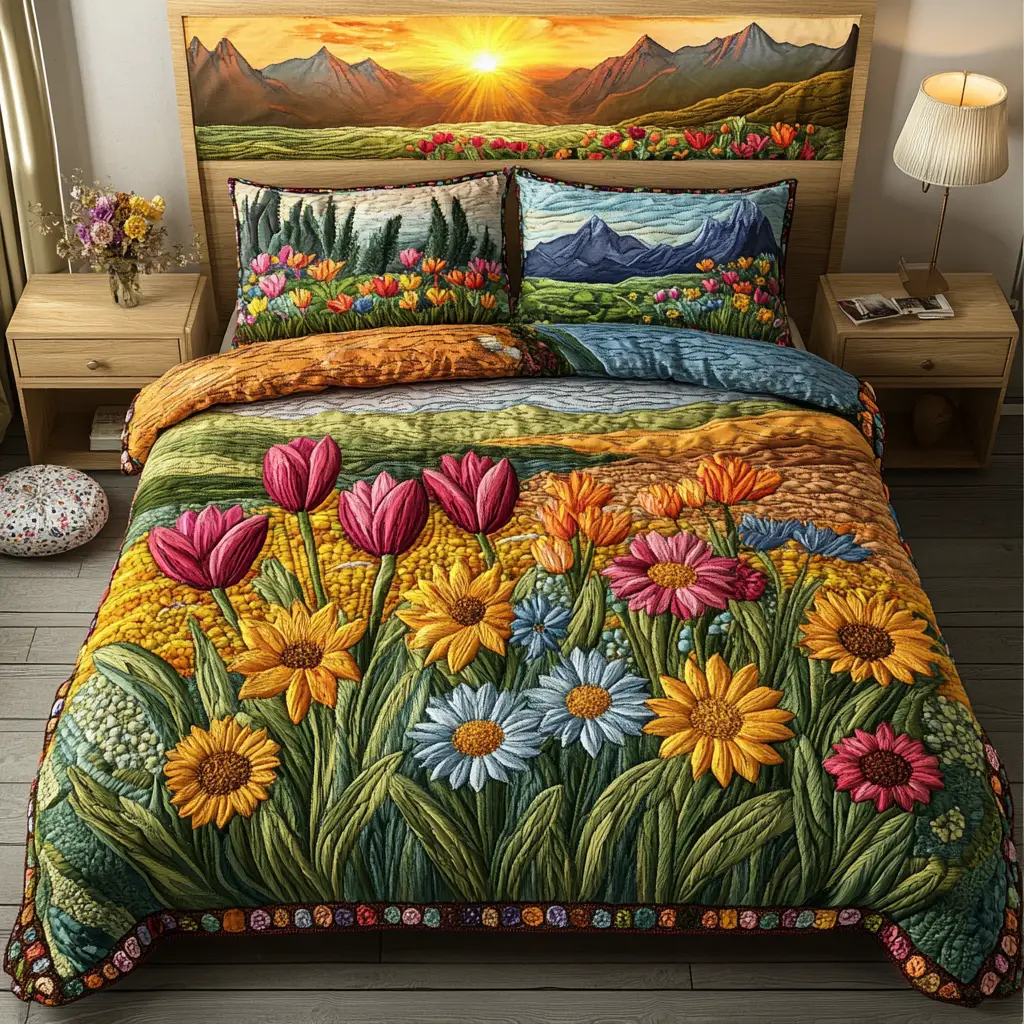 Serene Blooms Quilted Bedding Set Elegant Bedding Set Gift for Newlyweds Serene Blooms Quilted Bedding Set Elegant Bedding Set Gift for Newlyweds - Image 1