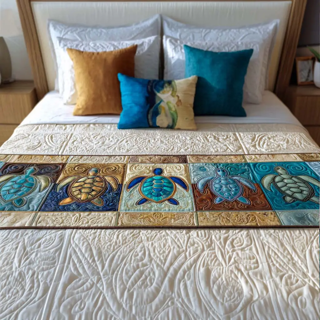 Serene Turtle Nest Quilted Bed Runner Serene Turtle Nest Ocean Gift Serene Turtle Nest Quilted Bed Runner Serene Turtle Nest Ocean Gift - Image 1