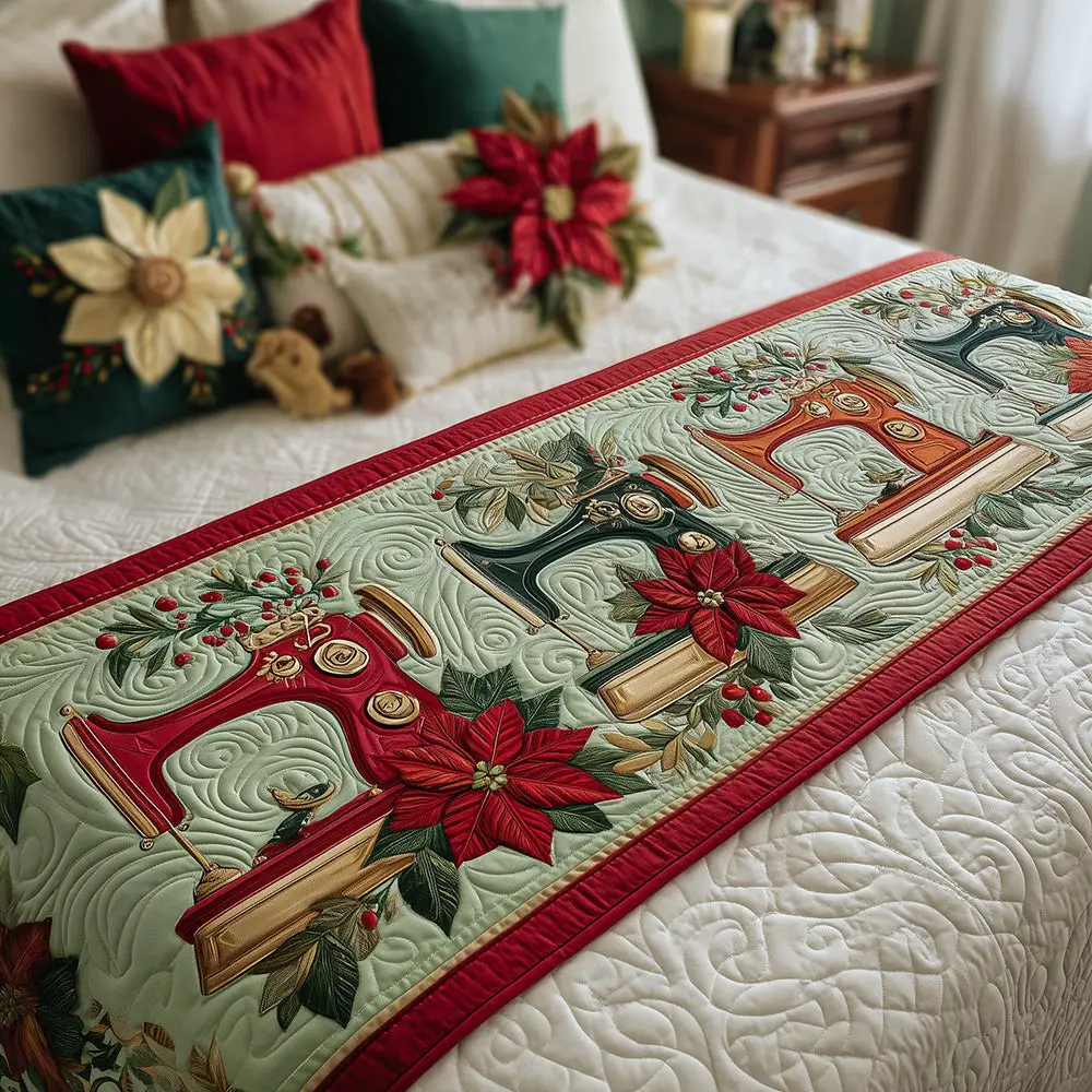 Sew Merry Quilted Bed Runner Stitch Merry Holiday Craft Gift for Friends