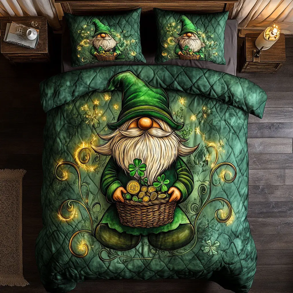 Shamrock Basket And Gnome Quilted Bedding Set Home Decor St Patricks Day Gifts For Dad