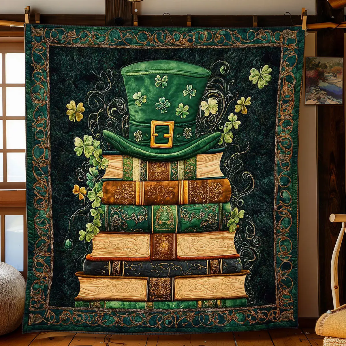 Shamrock Book Haven Quilted Blanket Aesthetic Home Decor St Patrick's Day Gifts For Papa