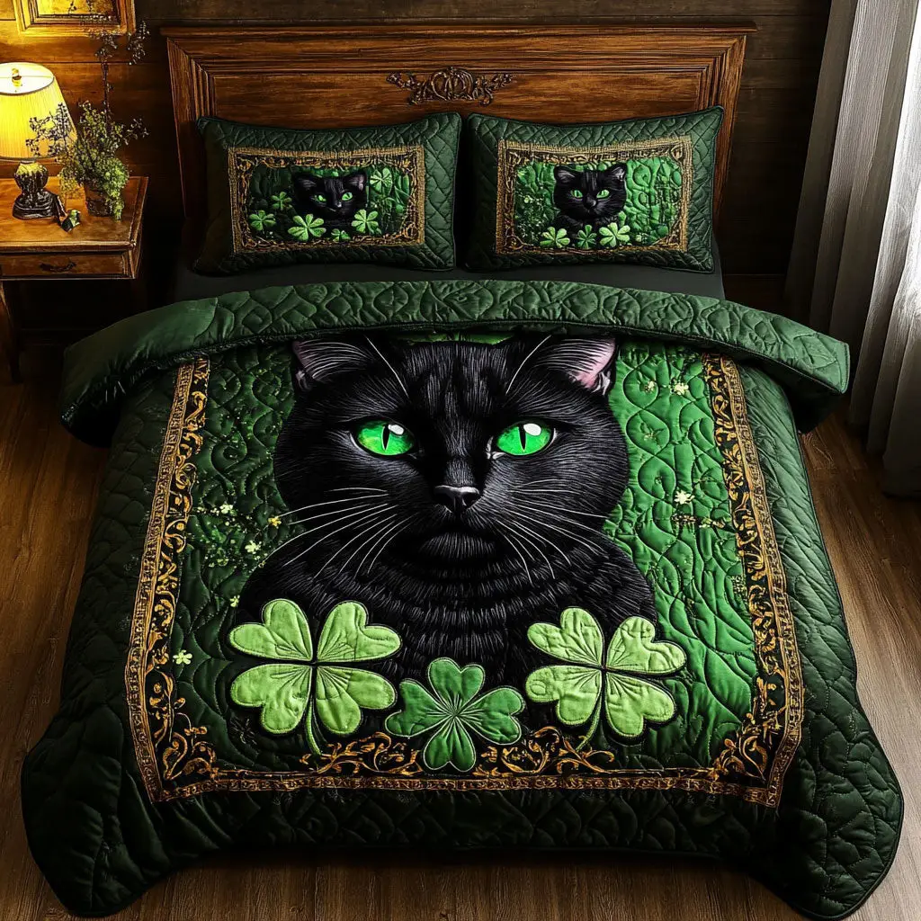 Shamrock Cat Quilted Bedding Set Bedroom Decorations St Patricks Day Gift For Cat Lovers Shamrock Cat Quilted Bedding Set Bedroom Decorations St Patricks Day Gift For Cat Lovers - Image 1