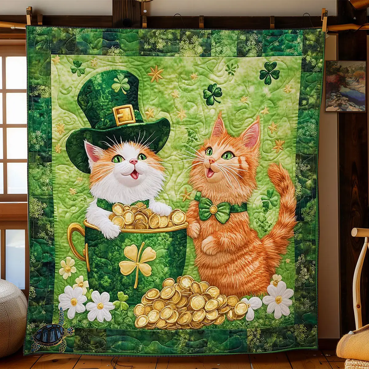 Shamrock Cat Quilted Blanket Room Decor Ideas St Patrick's Day Cat Lover Gifts