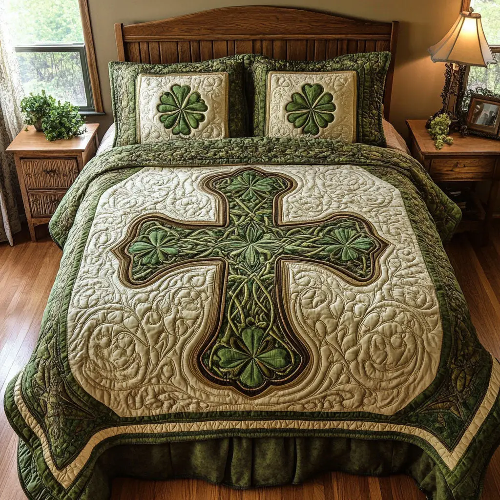 Shamrock Cross Quilted Bedding Set Bedroom Decor Idea St Patricks Day Presents For Men