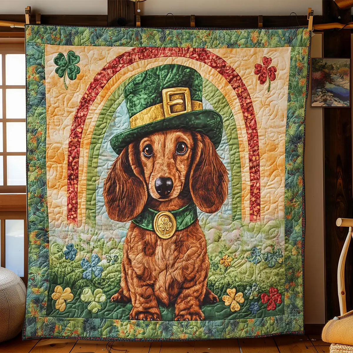 Shamrock Dachshund Quilted Blanket Holiday Decor St Paddys Day Gift For Dog Owners