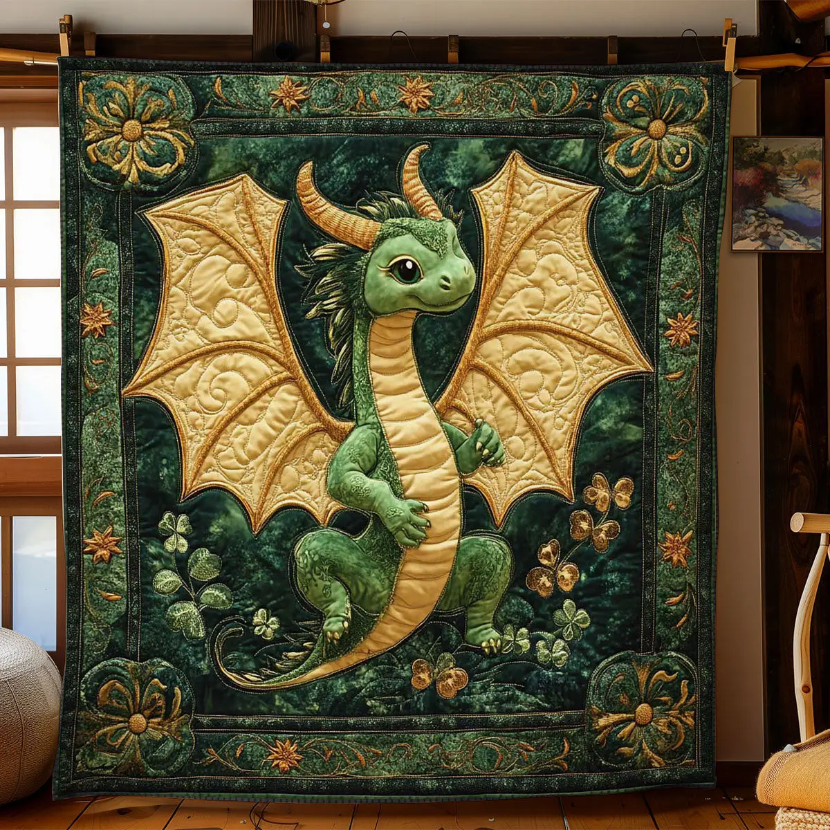 Shamrock Dragon Quilted Blanket Happy St Patrick's Day Dragon Lover Gift Ideas