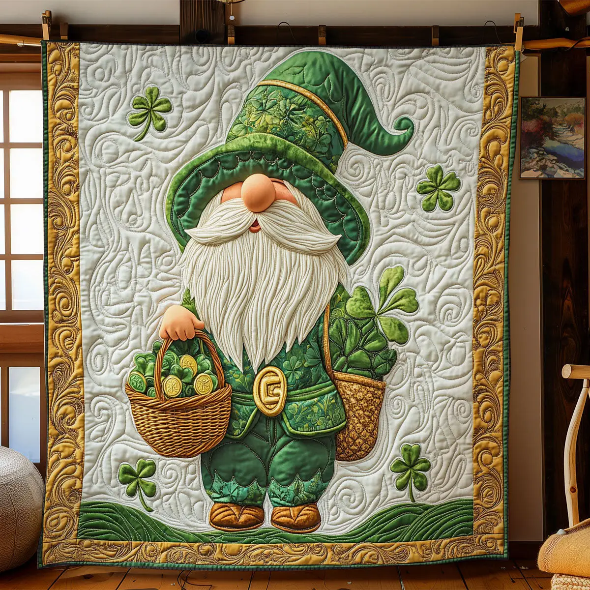 Shamrock Gnome Quilted Blanket Aesthetic Home Decor Unique St Pats Gifts Idea