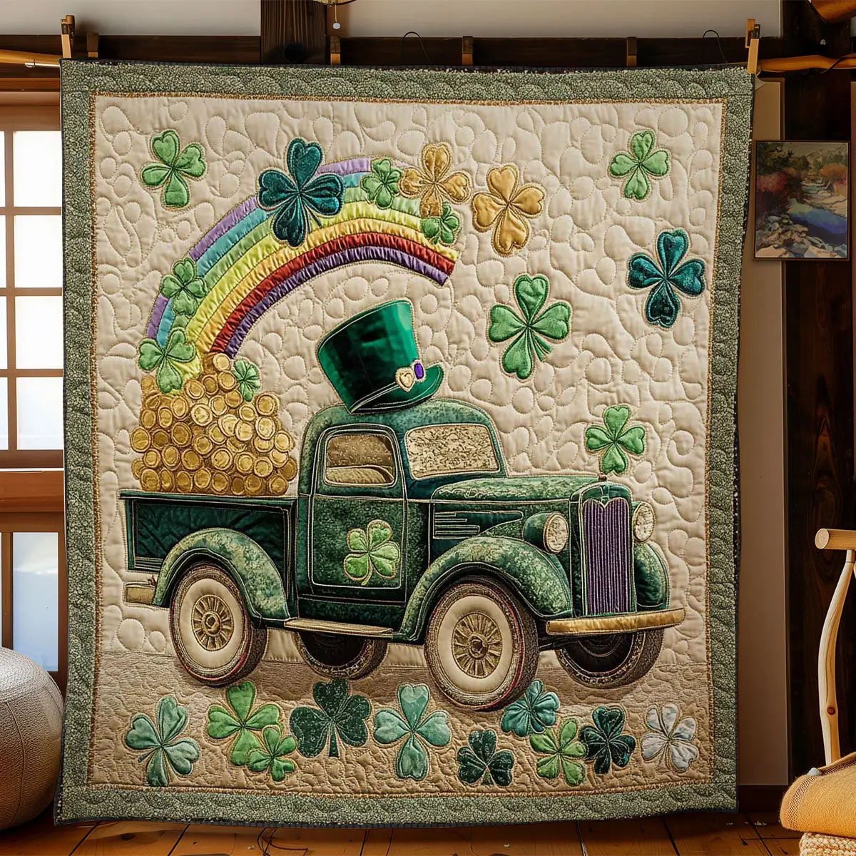 Shamrock Green Truck Quilted Holiday Decorations St Paddys Day Gift For Truckers