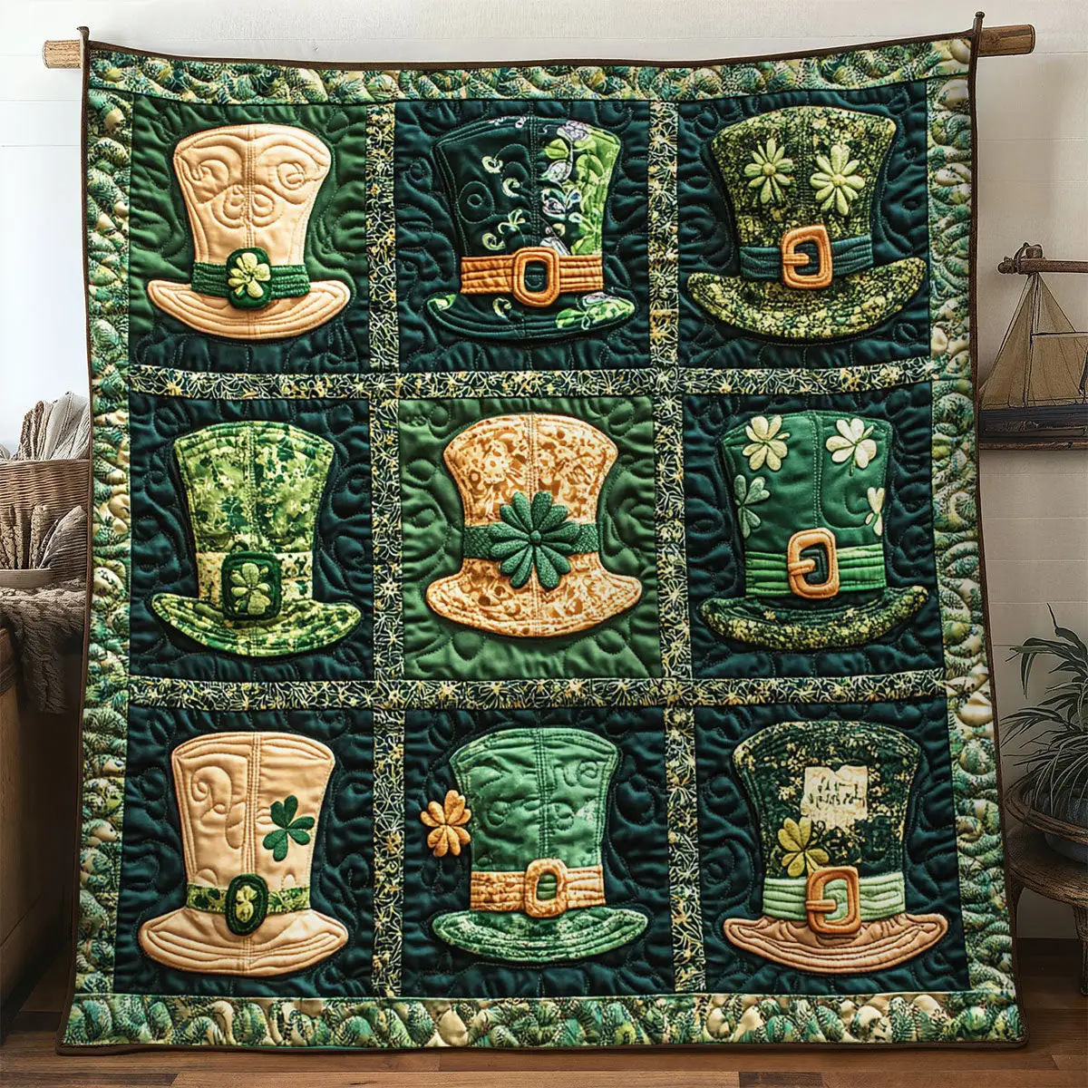 Shamrock Hat Patch Quilted Blanket Holiday Decorations Happy St Patrick's Day Gift For Wife