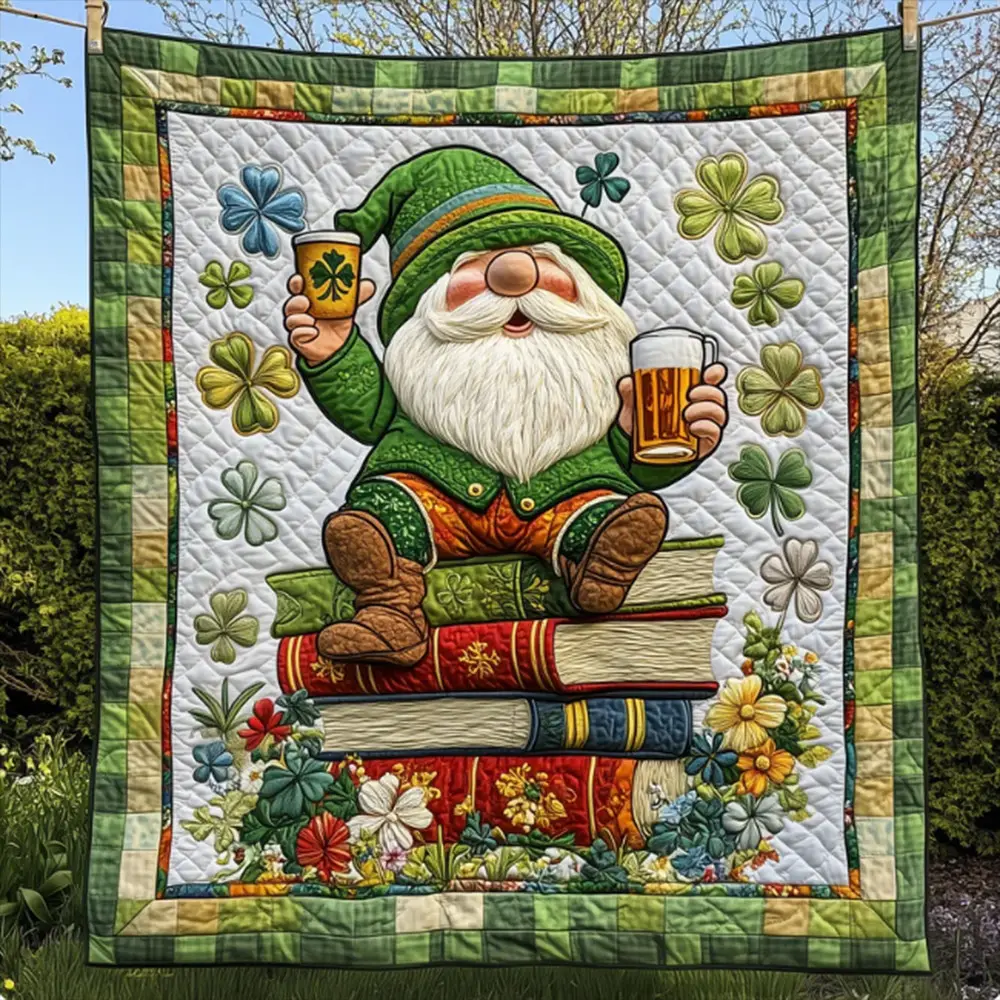 Shamrock Irish Gnome Book And Beer Quilt Blanket Saint Patrick's Day Blanket Gift For Irish