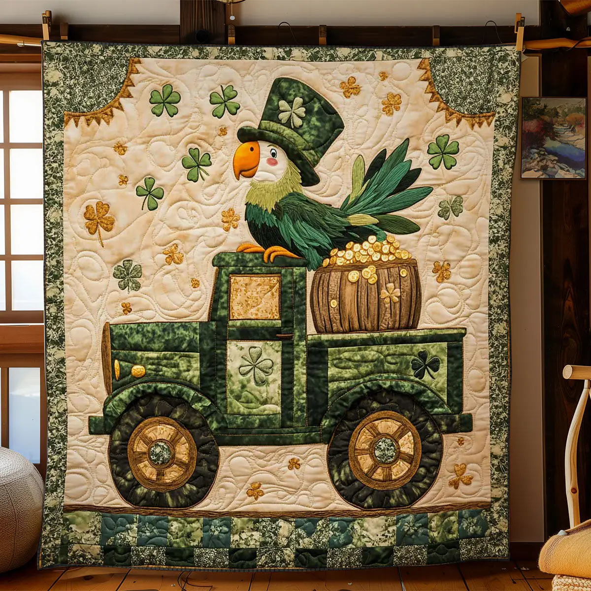 Shamrock Parrot Quilted Blanket Aesthetic Home Decor St Patrick's Day Gifts For Women
