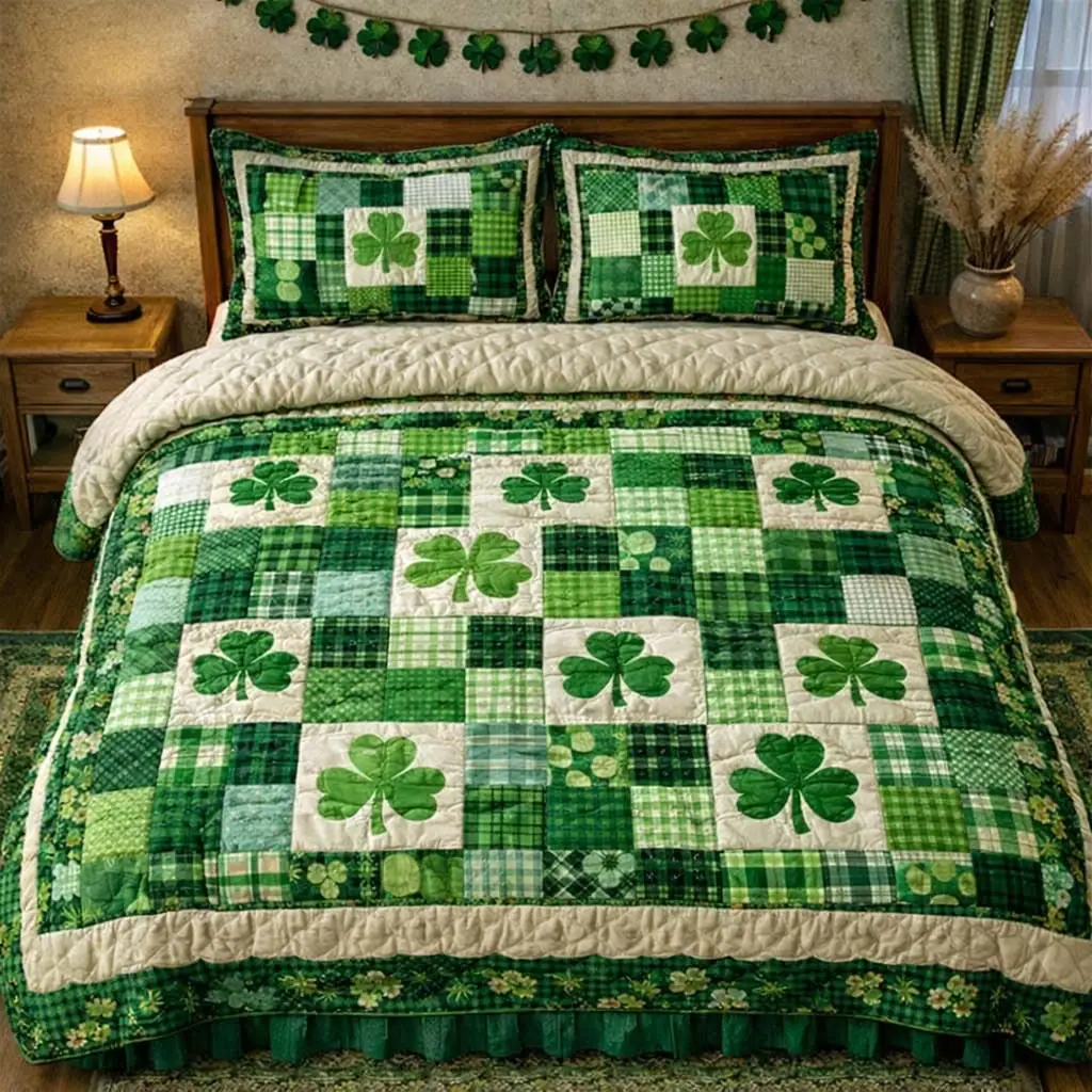 Shamrock Patchwork Quilted Bedding Set Irish Themed Duvet Covers St Patrick's Day Gift