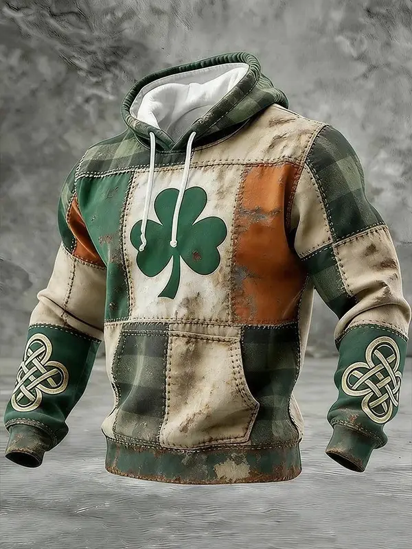 Shamrock Patchwork Vintage Hoodie Celtic Knot St Patrick’s Day Men’s Apparel Best Gifts