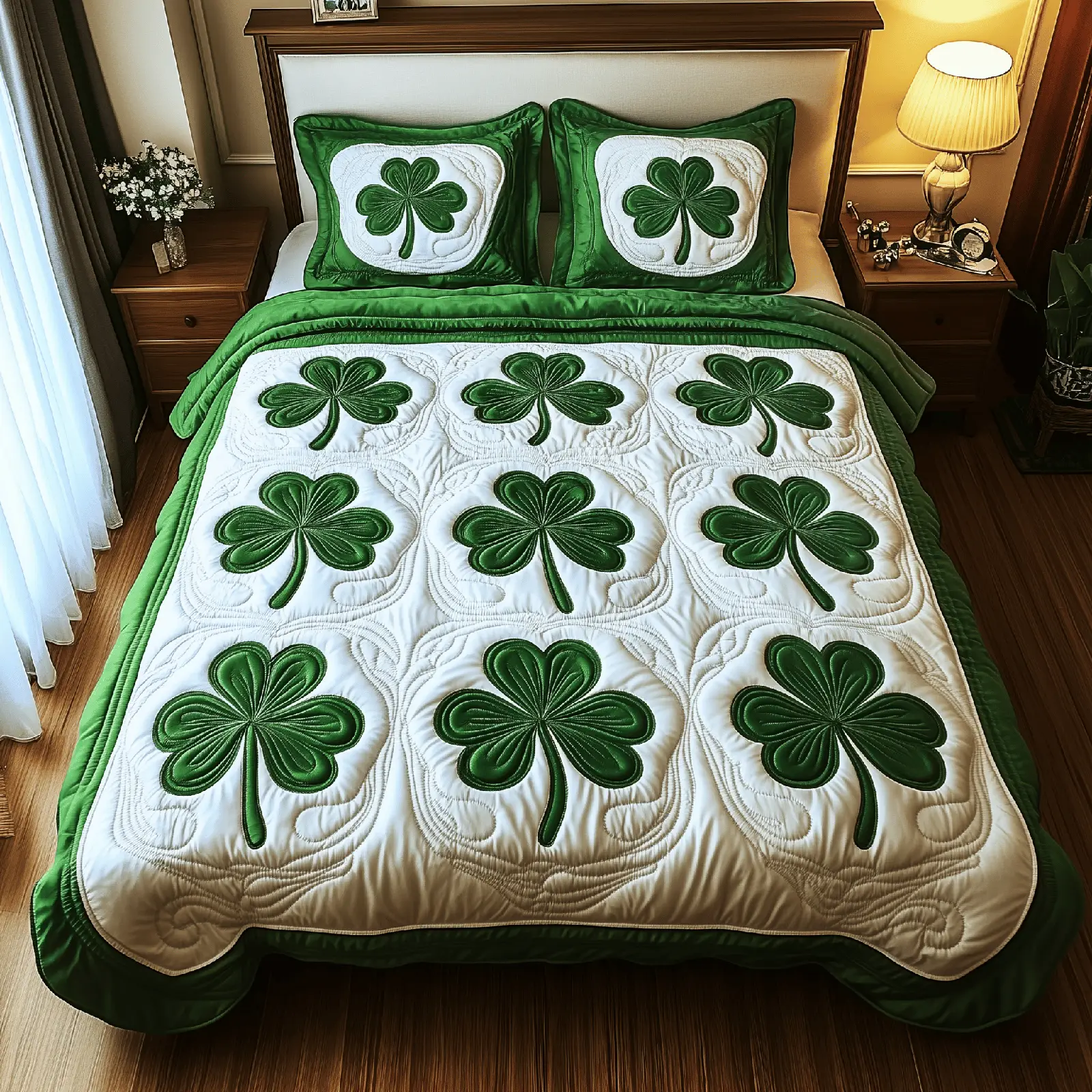 Shamrock Quilted Bedding Set St Patrick's Day Duvet Cover Dad Fathers Day Gifts