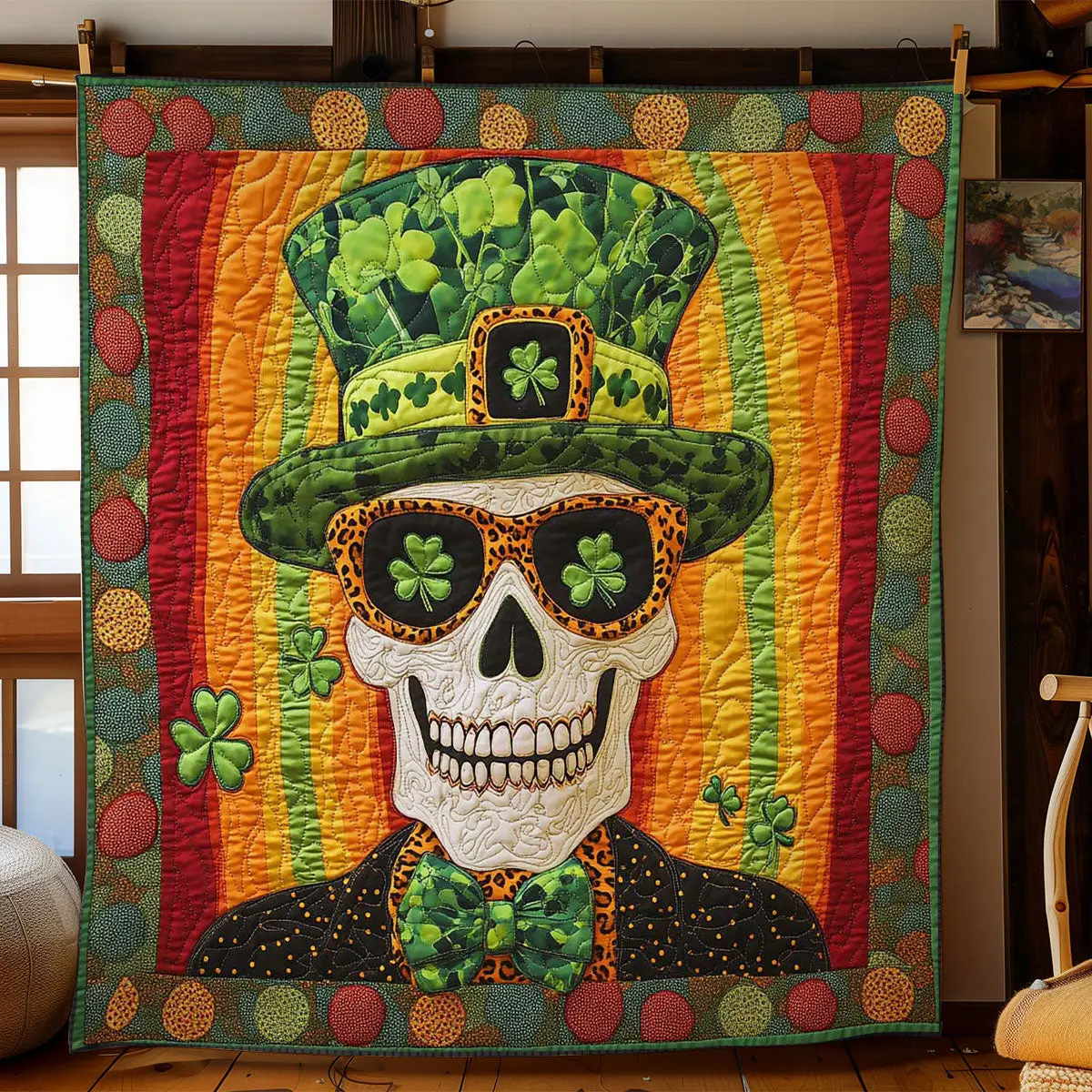 Shamrock Skull Quilted Blanket Bedding Decor Idea St Patricks Day Gift For Dad