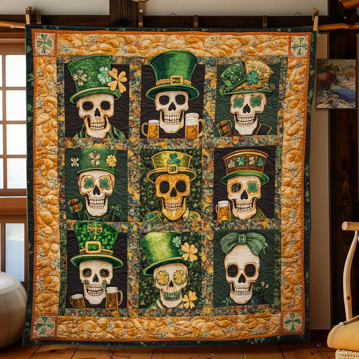 Shamrock Skull Quilted Blanket Bedding Decor Idea St Patricks Day Gift Ideas For Women Shamrock Skull Quilted Blanket Bedding Decor Idea St Patricks Day Gift Ideas For Women - Image 1