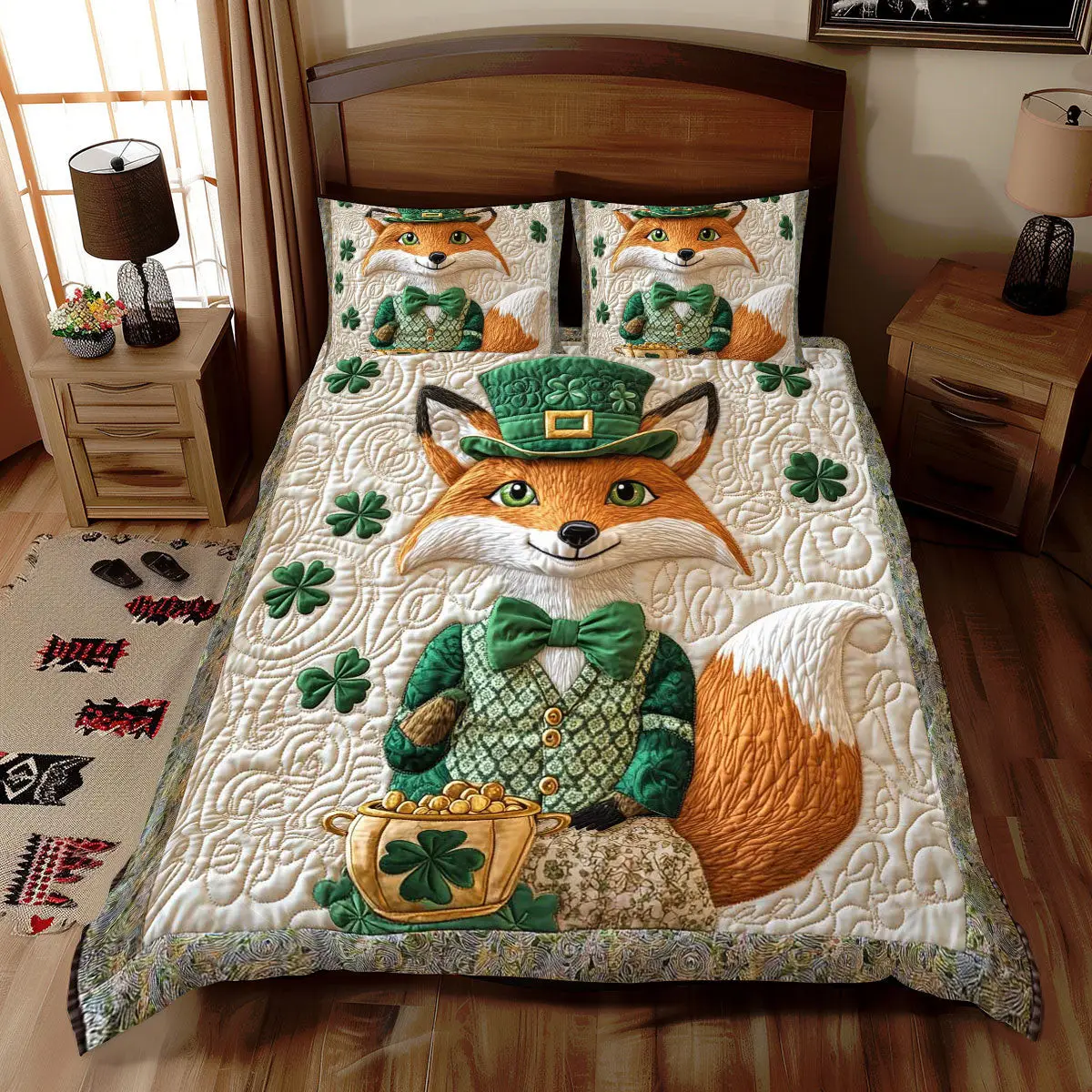 Shamrock Spirit Fox Quilted Bedding Set Rustic Home Decor St Patrick Gifts For Fox Lovers