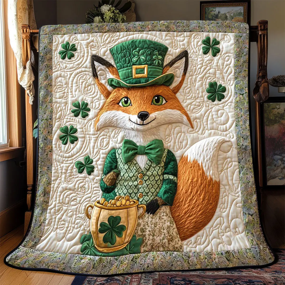Shamrock Spirit Fox Quilted Blanket Trendy Home Decor St Patricks Day Presents For Her