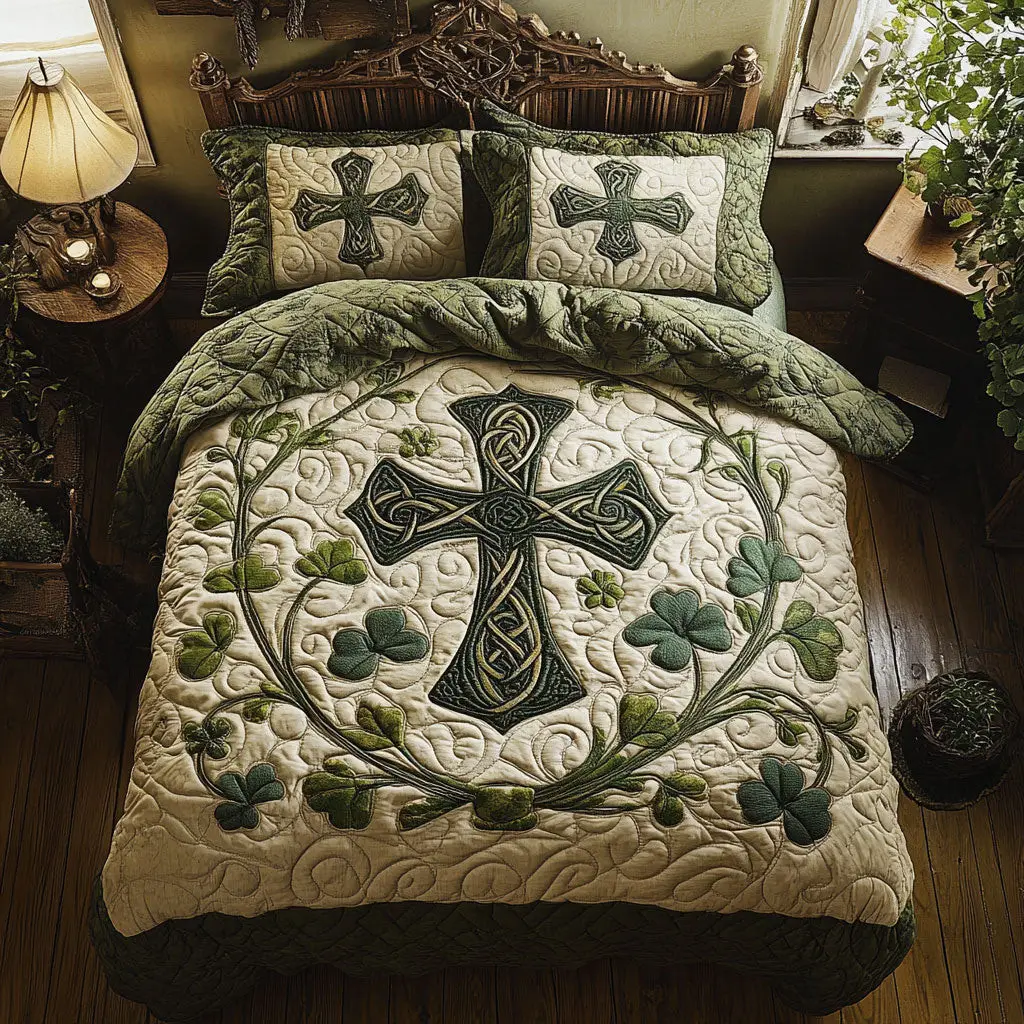 Shamrock Wreath And Cross Quilted Bedding Set Shamrock Duvet Cover St Patricks Day Gift