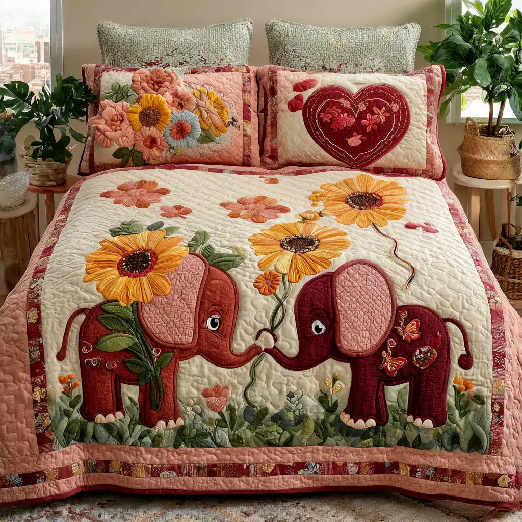 Shared Moments Quilted Bedding Set Elephant Couple Valentines Bedroom Decor Gift For Men