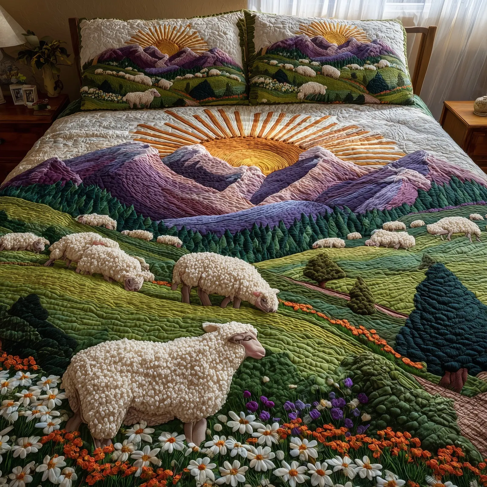 Sheep Heaven Quilted Bedding Set Striped Design