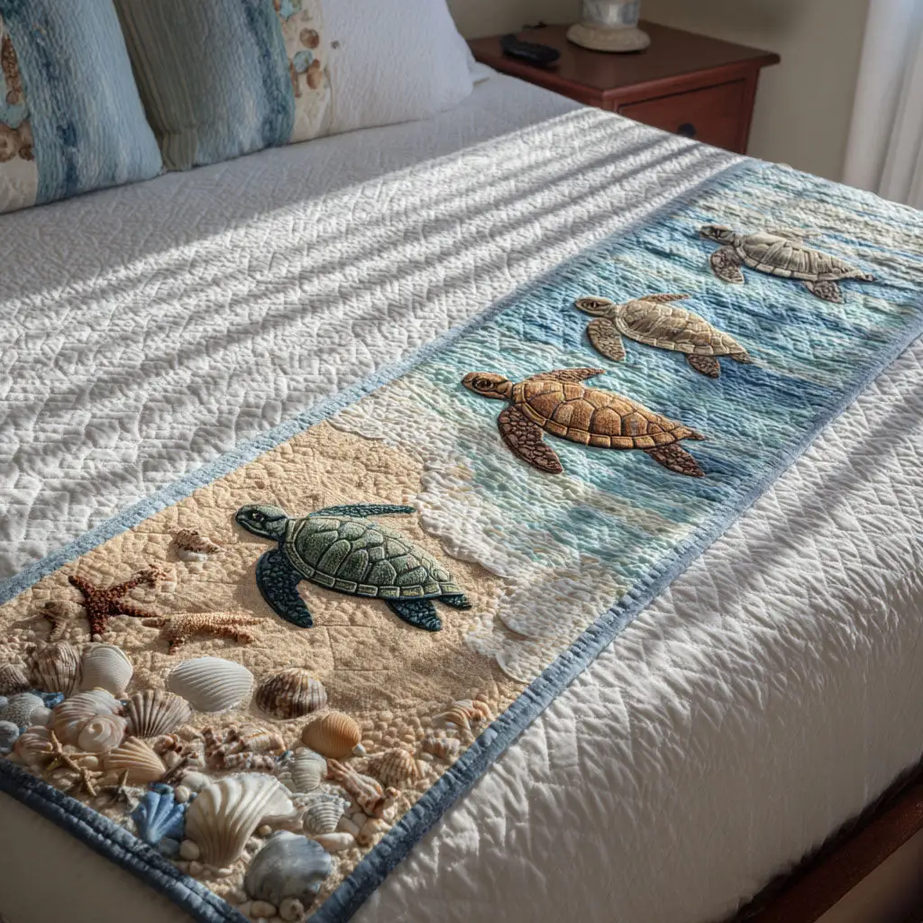 Shelled Nomad Quilted Bed Runner Sea Nomad Turtle Design Coastal Home Gift