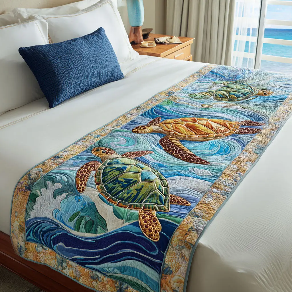 Shellscape Quilted Bed Runner Shellscape Pattern Coastal Gift Shellscape Quilted Bed Runner Shellscape Pattern Coastal Gift - Image 1
