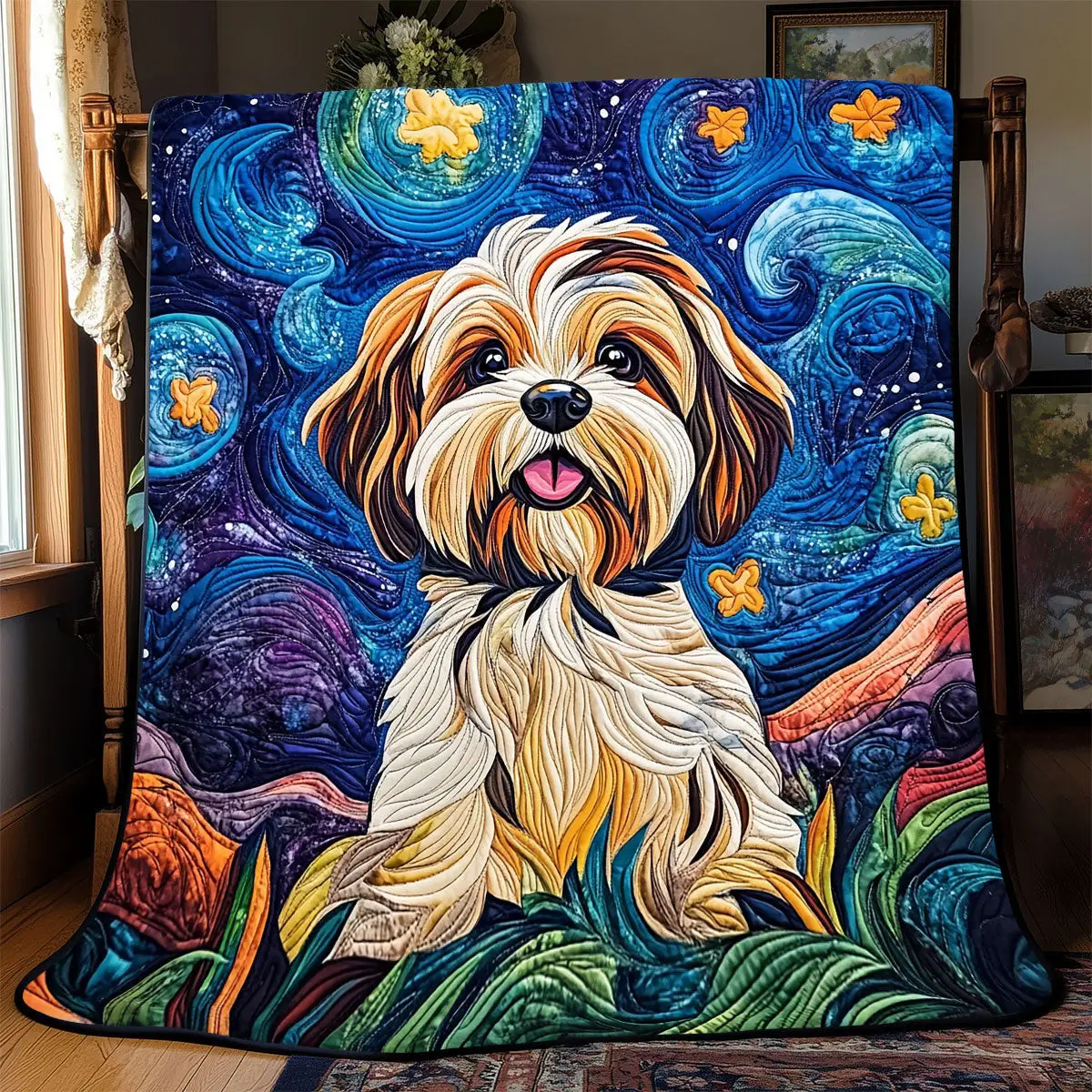 Shih Tzu Starry Night Quilt Blanket Modern Throw Blanket Art Gifts For Dog Lovers
