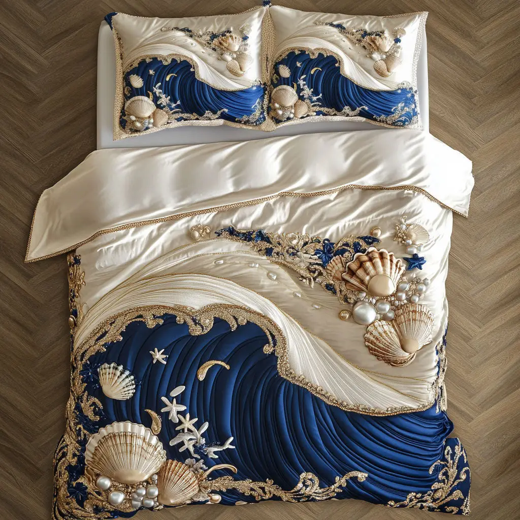 Shimmer Ocean Wave Quilted Bedding Set Duvet Cover Bedspread Bedroom Decor Presents