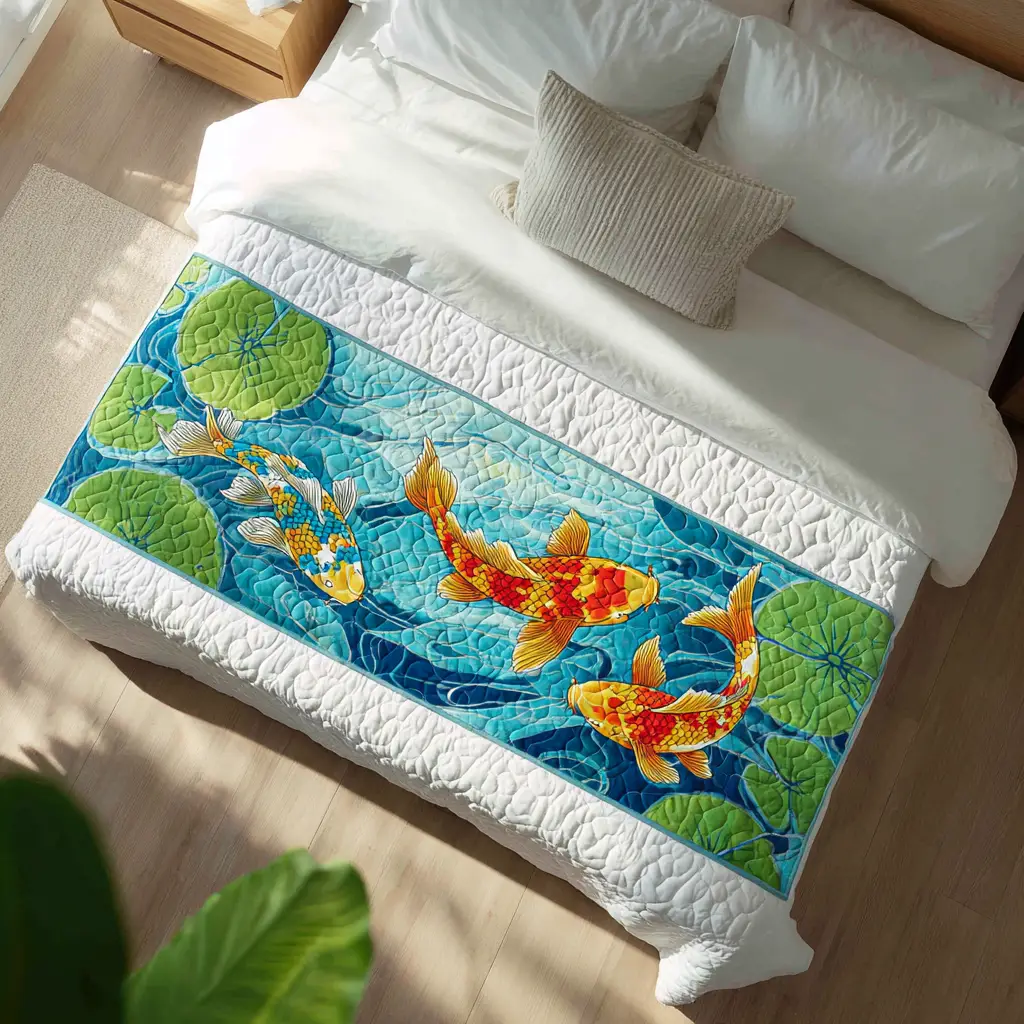 Shining Koi Quilted Bed Runner Shining Koi Pond Gift for Mom