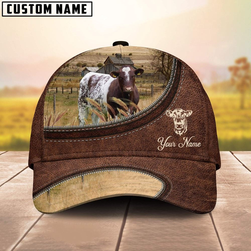 Shorthorn On The Farm Customized Name Leather Pattern Cap Farmer Baseball Cap
