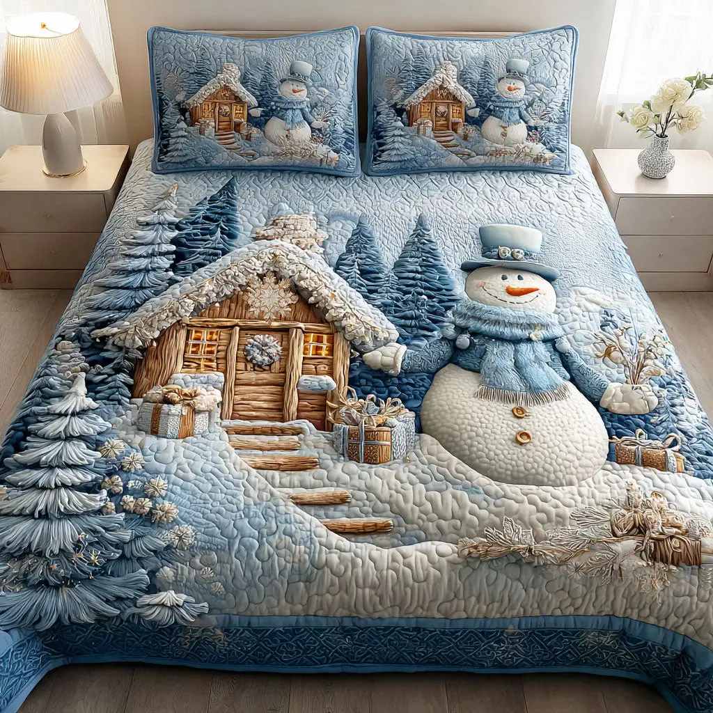 Silent Snow Eve Quilted Bedding Set Winter Christmas Bedroom Decor Holiday Gift Ideas