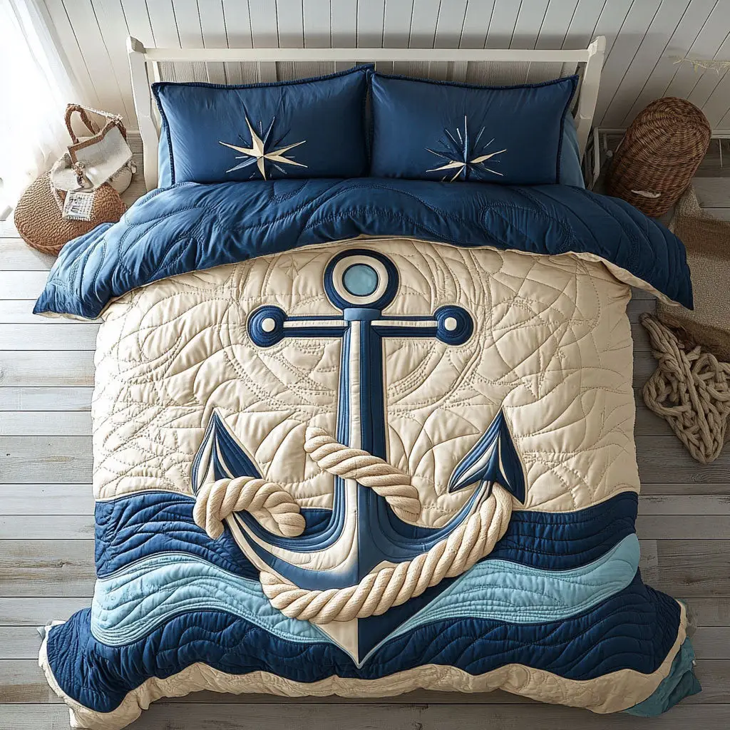 Silver Mooring Quilted Bedding Set Duvet Cover Bedspread Bedroom Decor Presents
