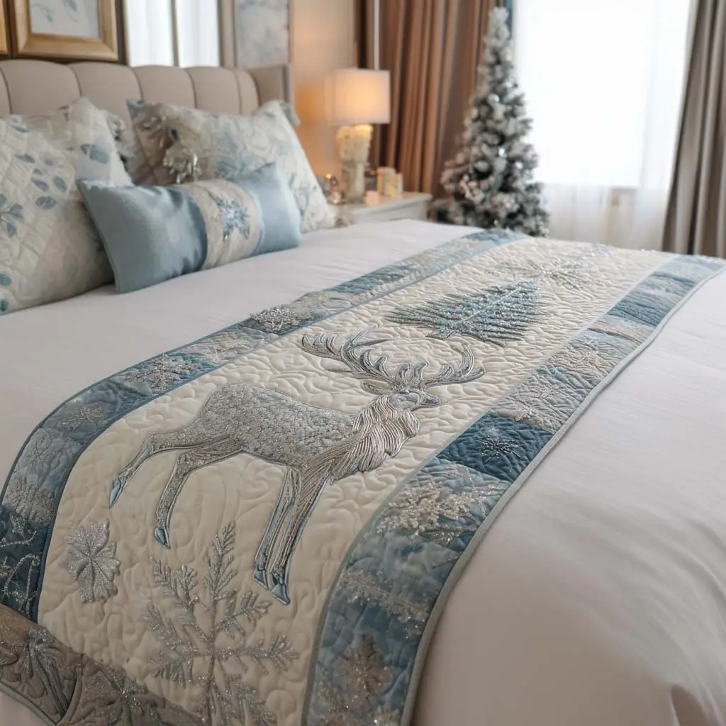 Silver Reindeer Quilted Bed Runner Silver Reindeer Scene Christmas Gift for Wife