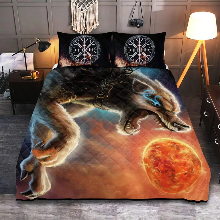 Sk�ll Wolf Chases The Sun Viking Quilted Bedding Set Bedroom Decor Viking Fan Gifts