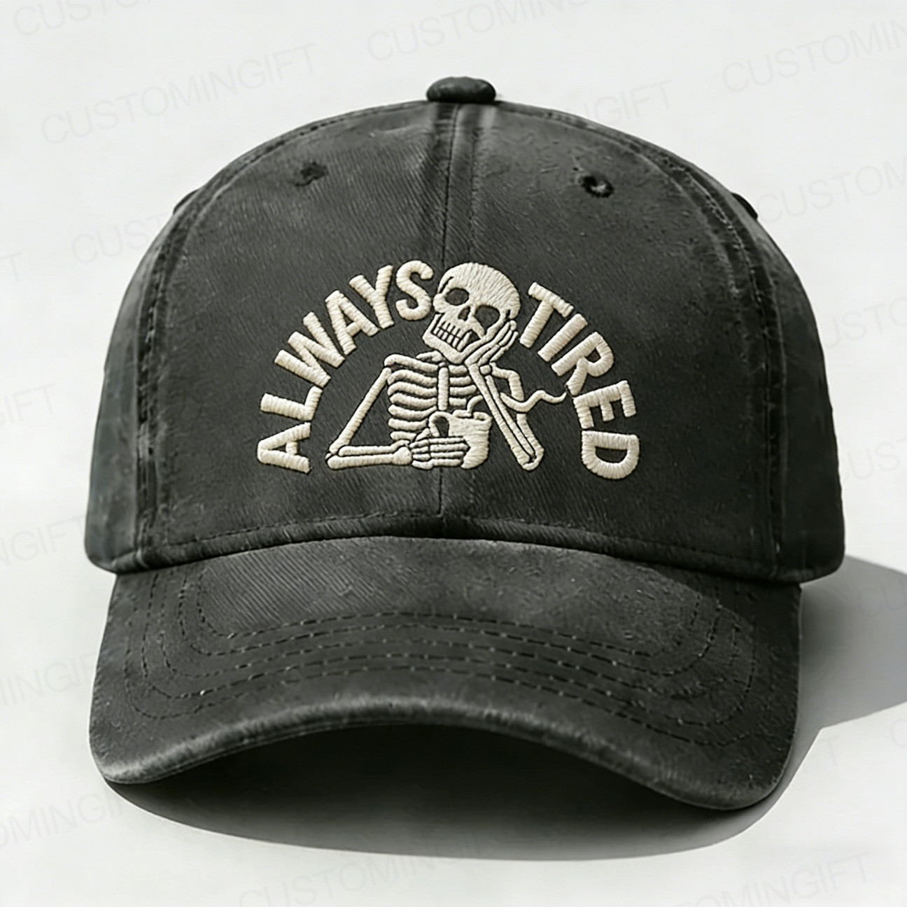 Skeleton Always Tired Embroidery Hat Gothic Skull Baseball Cap Funny Gifts For Coworker